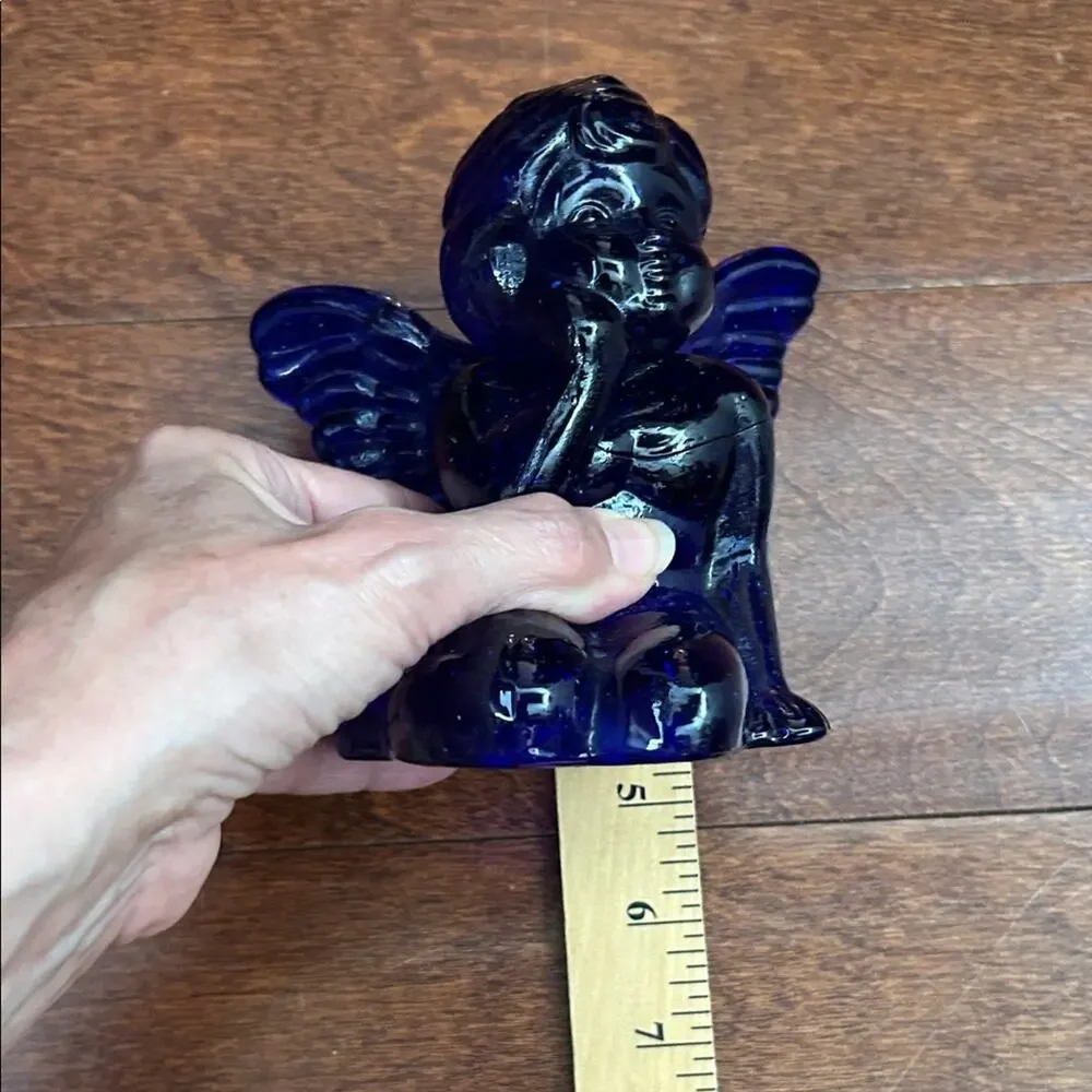Vintage Deep Blue Cobalt Art Glass Cherub Angel Candle Holder